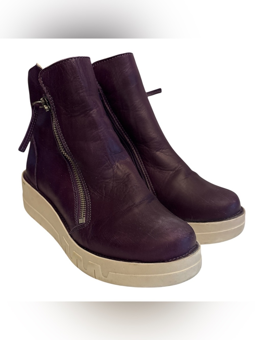 Miz Mooz Leather Platform Ankle Boots Deep Plum side zip Lando Style Sz 37 6.5/7